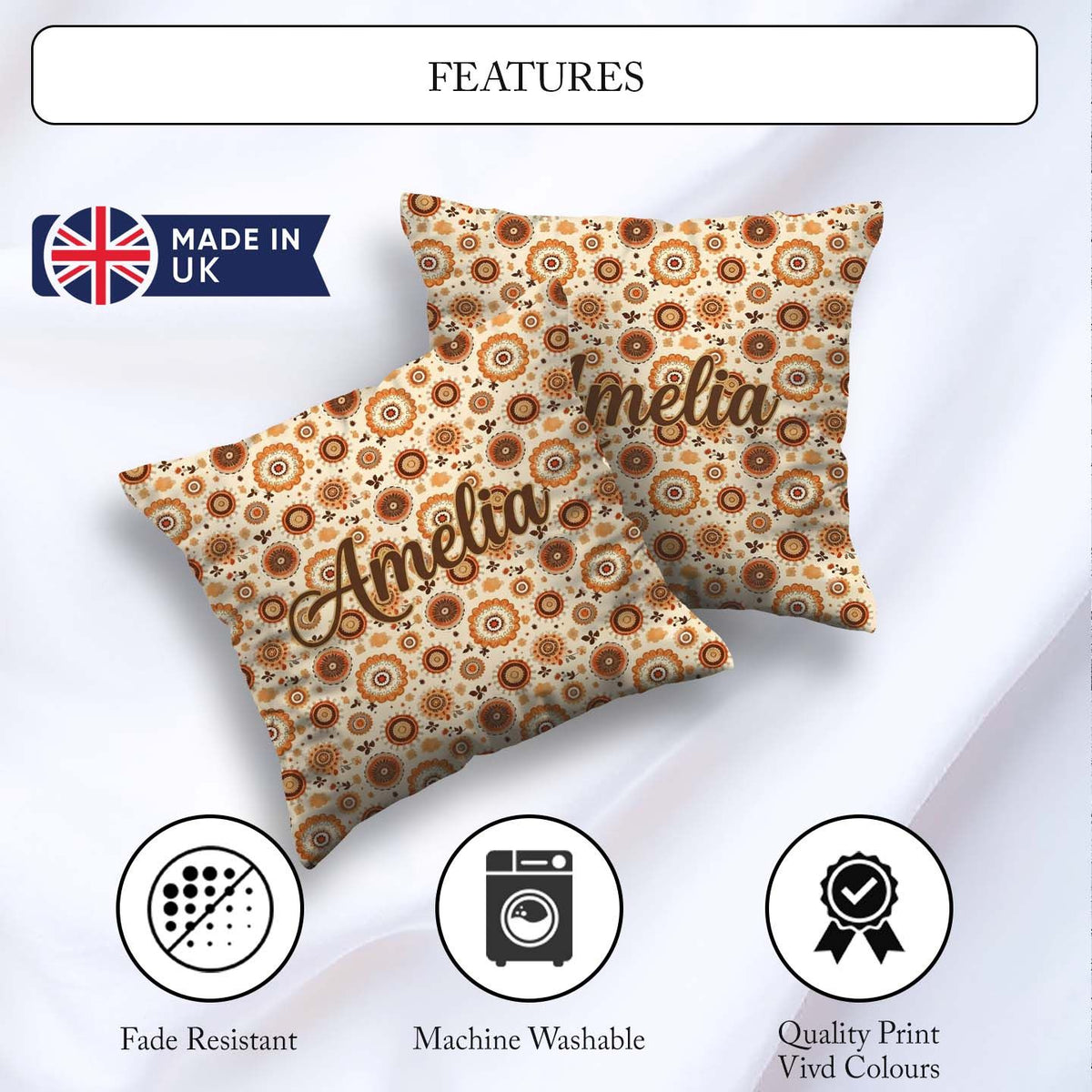 Custom Name Orange Brown Circular Motif Seamless Pattern Century Square Filled Cushion Throw Pillow Sofa Bed Home Decor Zip Washable UK Made