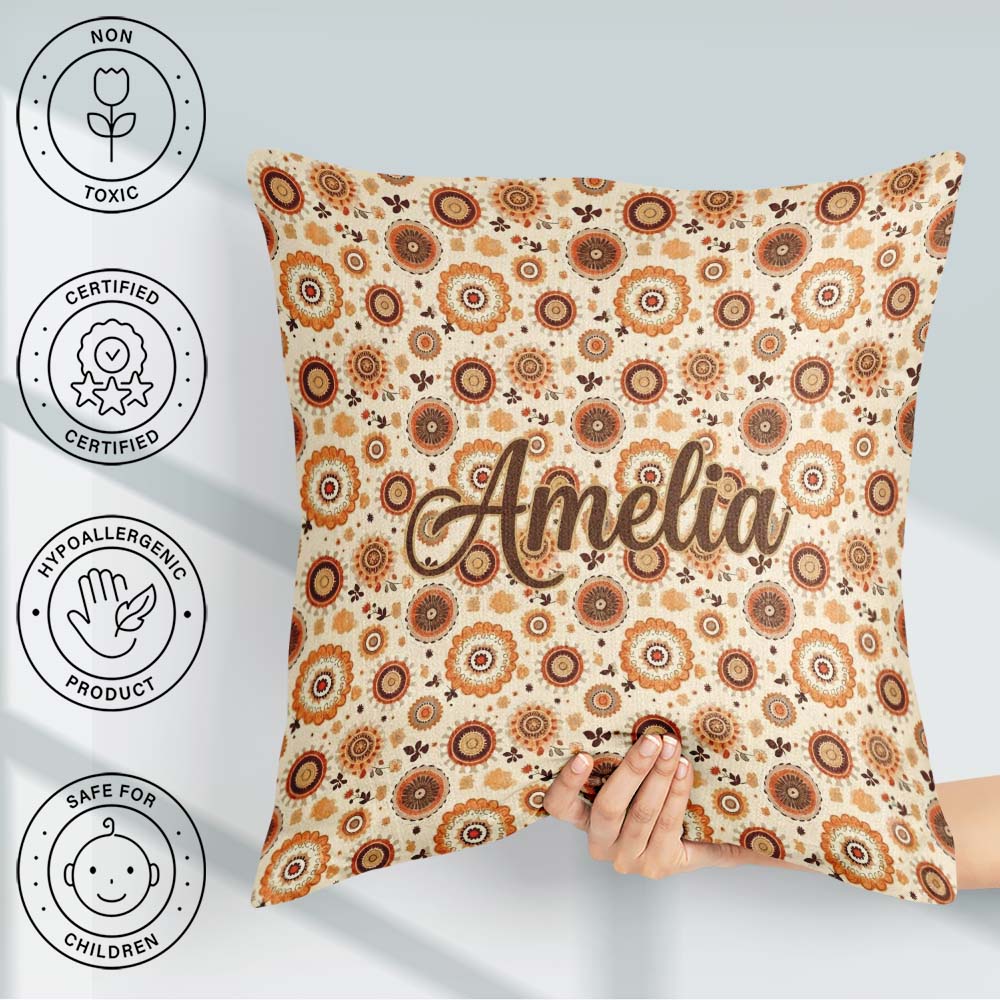 Custom Name Orange Brown Circular Motif Seamless Pattern Century Square Filled Cushion Throw Pillow Sofa Bed Home Decor Zip Washable UK Made