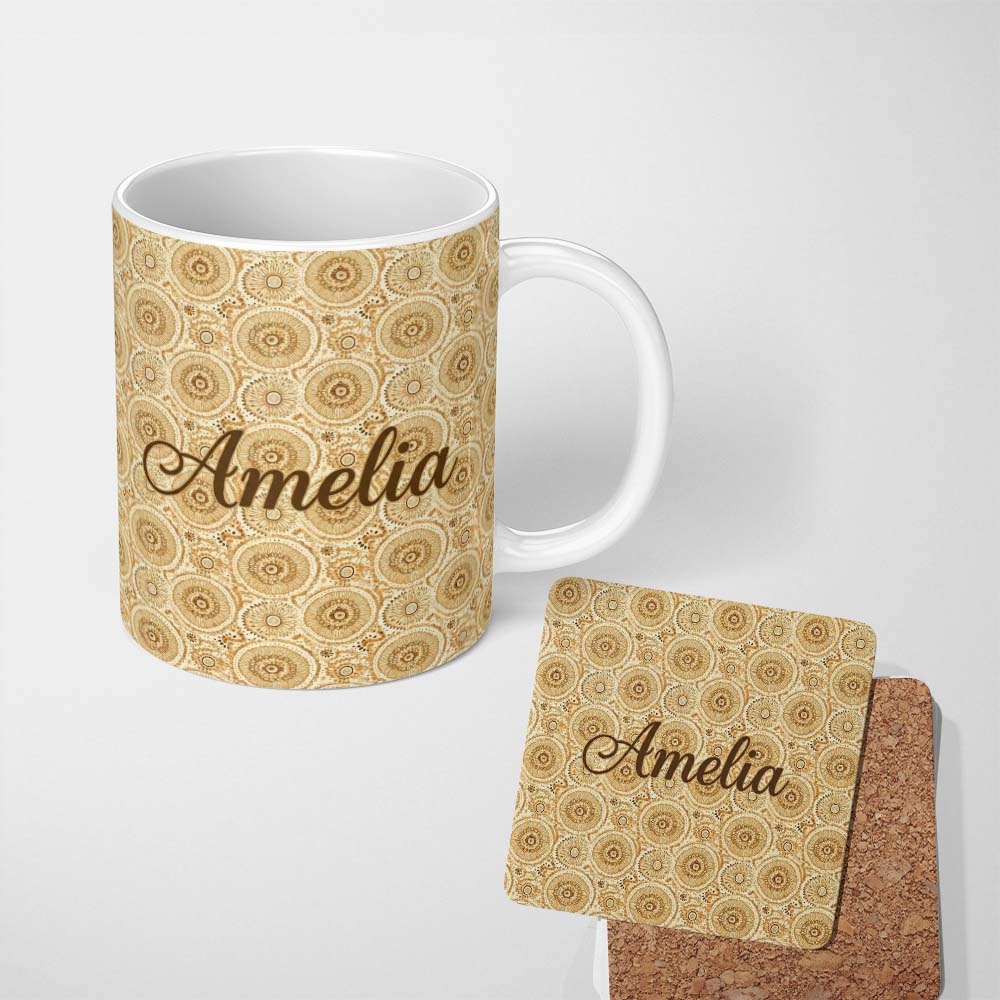 Personalized Custom Name Warm Beige Ornate Mandala Floral Seamless Pattern Elegant Vintage 11oz Ceramic Coffee Tea Mug White Large Handle