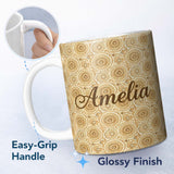 Personalized Custom Name Warm Beige Ornate Mandala Floral Seamless Pattern Elegant Vintage 11oz Ceramic Coffee Tea Mug White Large Handle