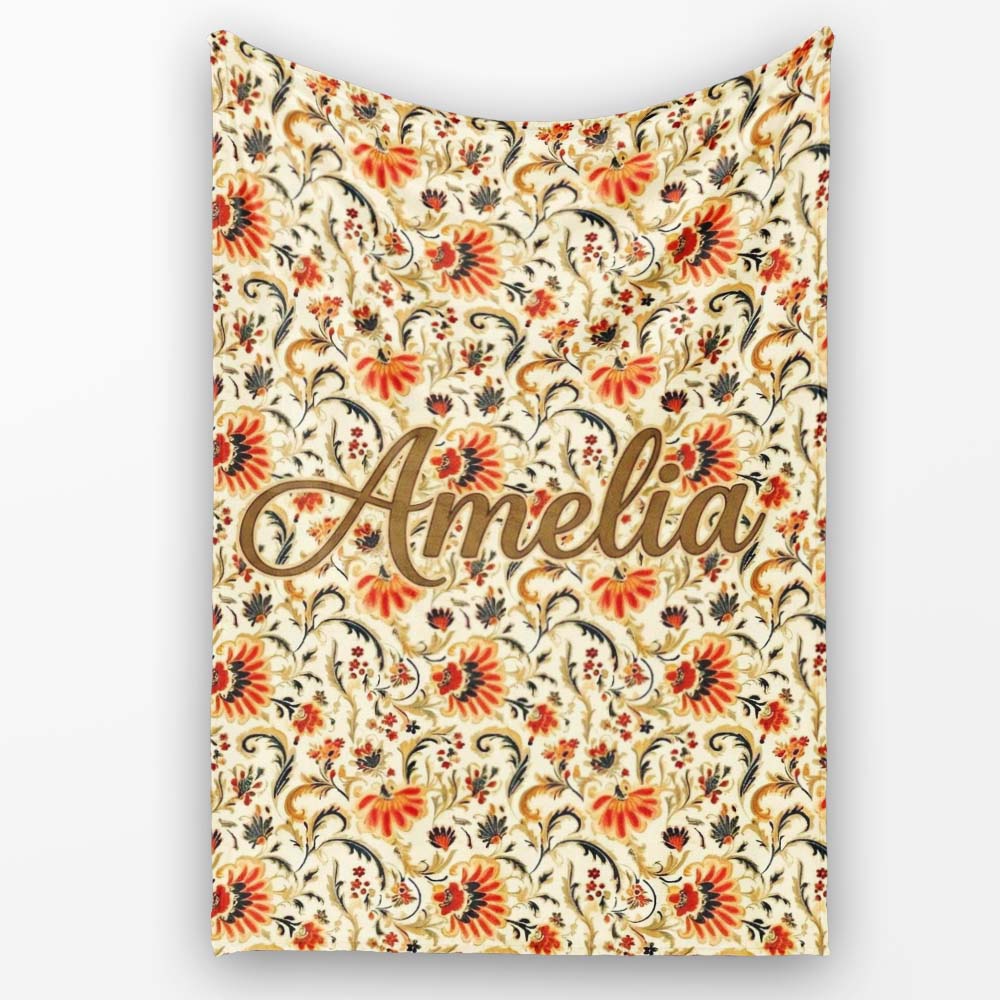 Bold Orange Navy Floral Vine Seamless Pattern Classic Decorative  Personalised Custom Name Super Soft Fleece Blanket Bed Sofa Throw