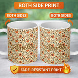 Personalized Custom Name Bold Orange Navy Floral Vine Seamless Pattern Classic Decorative 11oz Ceramic Coffee Tea Mug White Large Handle