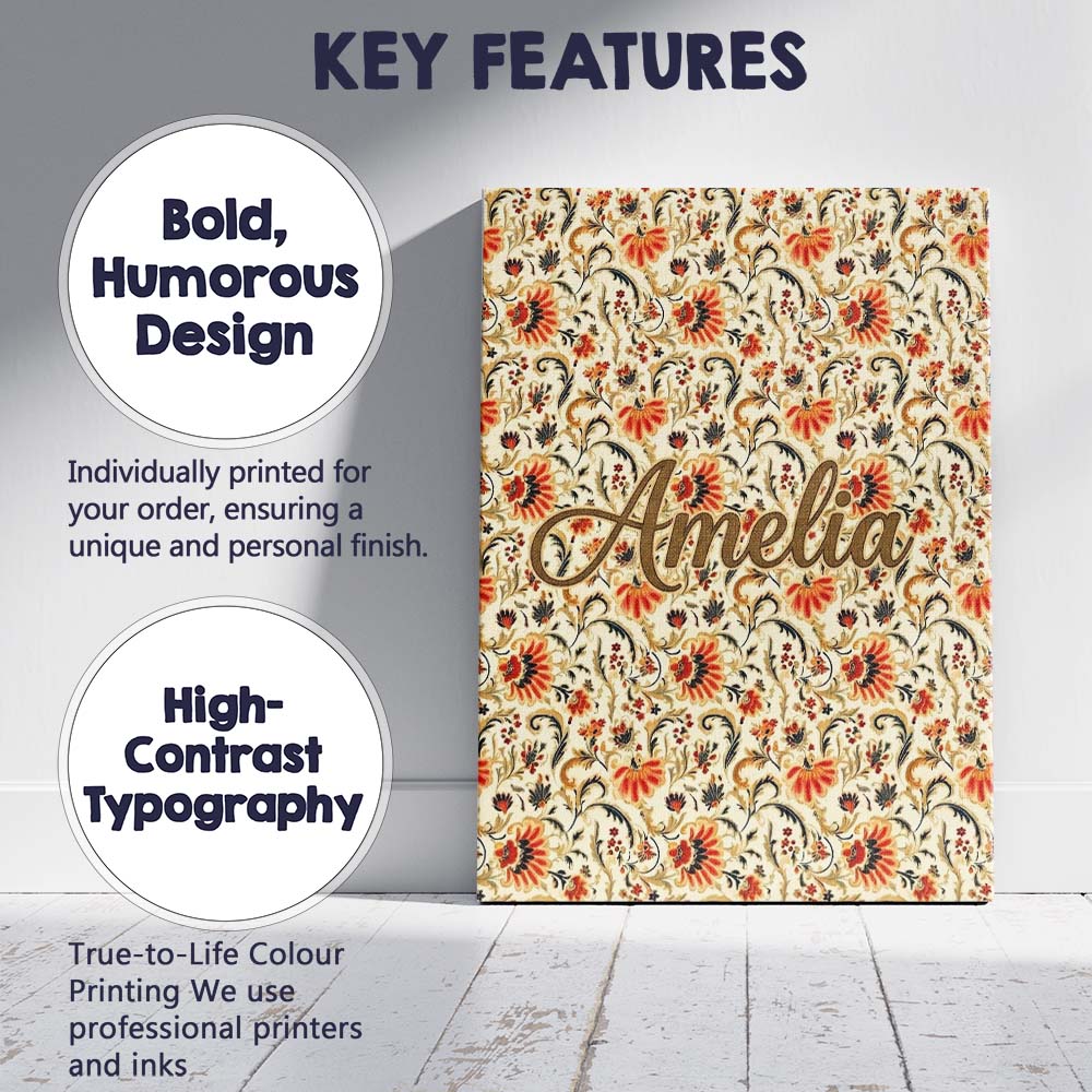 Personalised Name Bold Orange Navy Floral Custom  Unique Gift Idea Elegant Feature Canvas Wall Art Print Decor Picture Ready to Hang