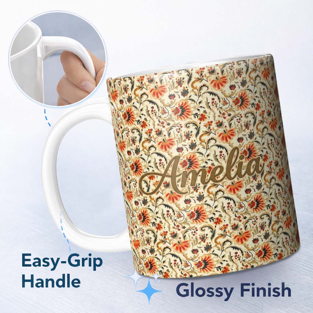 Personalized Custom Name Bold Orange Navy Floral Vine Seamless Pattern Classic Decorative 11oz Ceramic Coffee Tea Mug White Large Handle