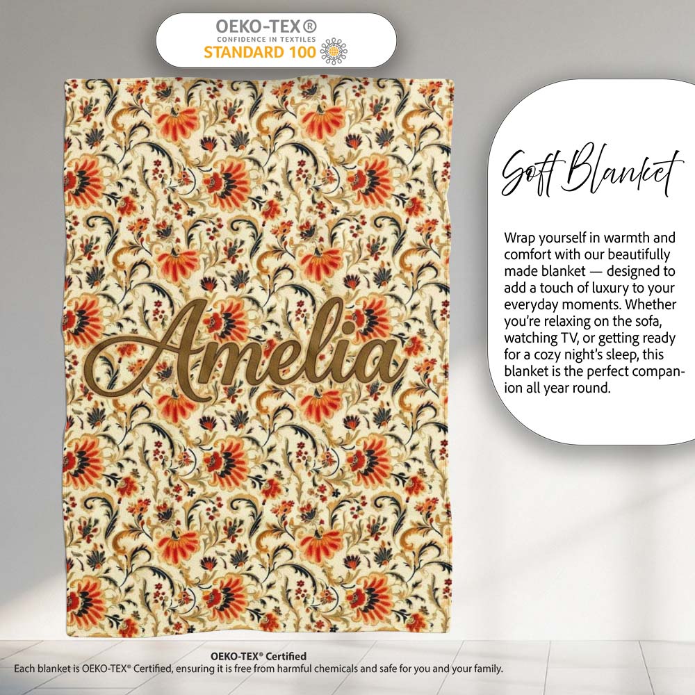 Bold Orange Navy Floral Vine Seamless Pattern Classic Decorative  Personalised Custom Name Super Soft Fleece Blanket Bed Sofa Throw