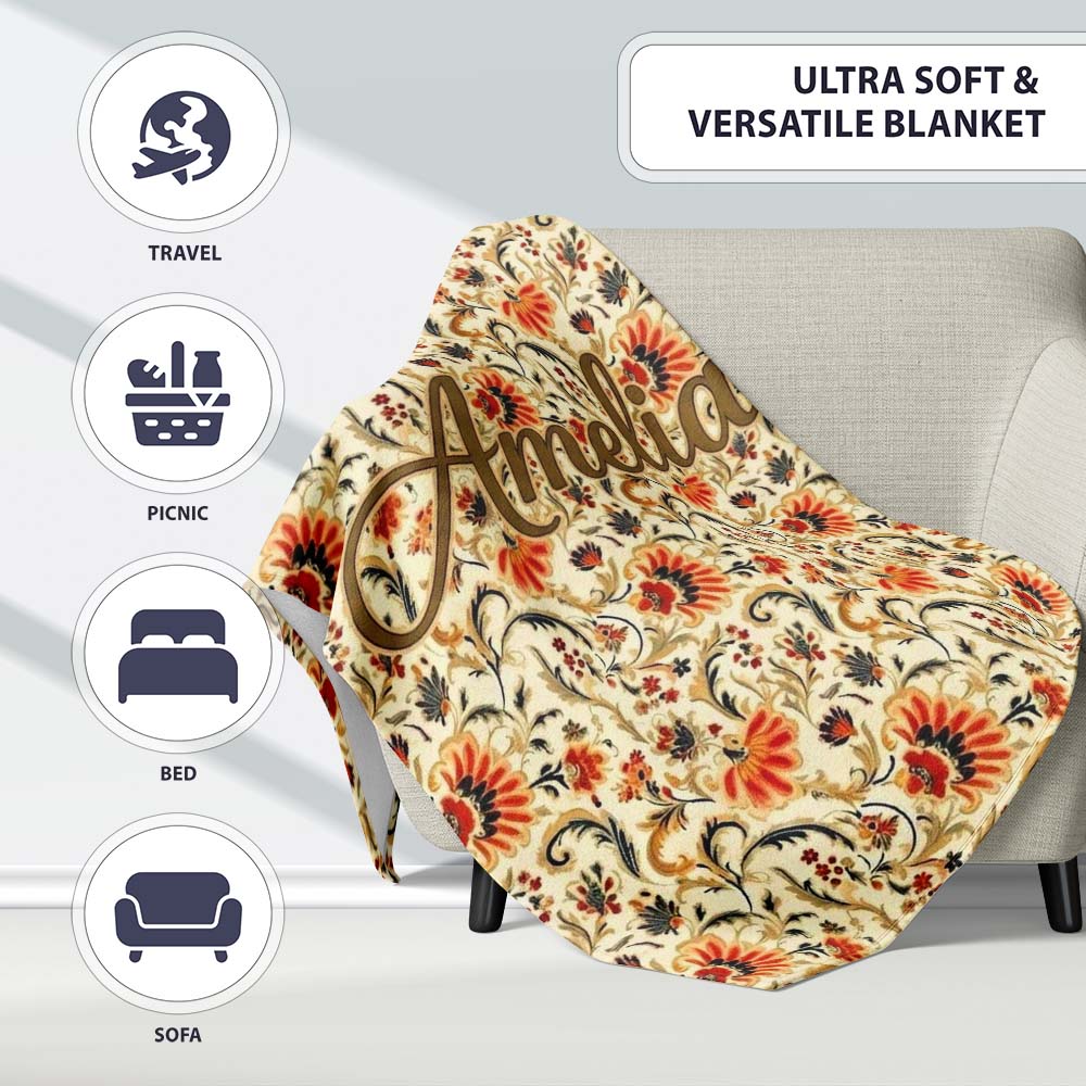 Bold Orange Navy Floral Vine Seamless Pattern Classic Decorative  Personalised Custom Name Super Soft Fleece Blanket Bed Sofa Throw