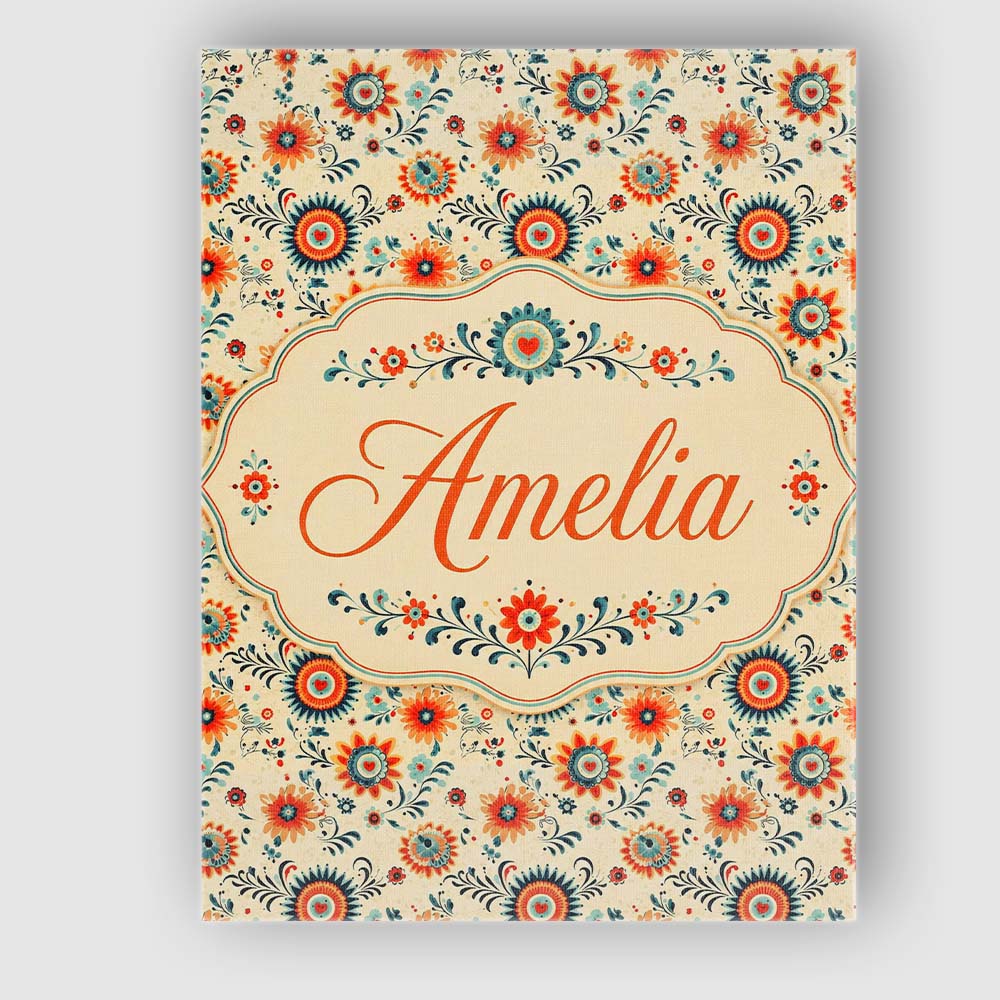 Personalised Name Playful Orange Blue Folk Custom  Unique Gift Idea Elegant Feature Canvas Wall Art Print Decor Picture Ready to Hang