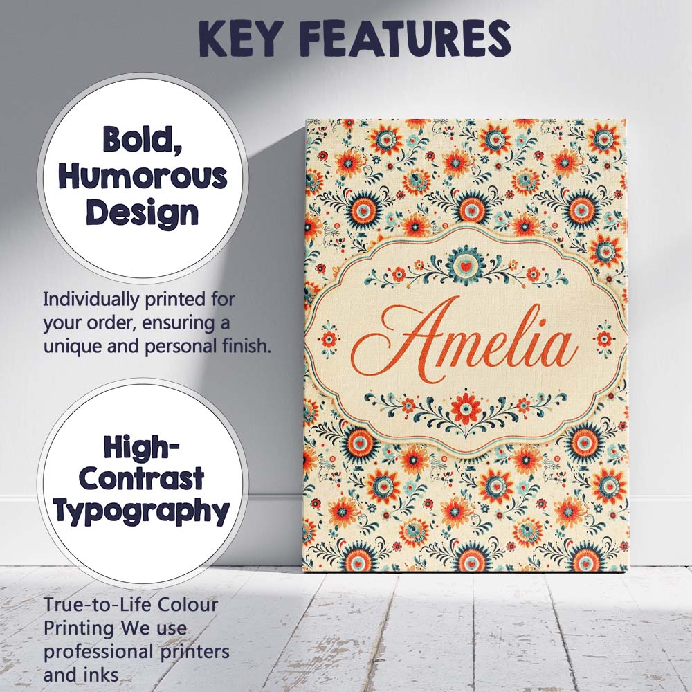 Personalised Name Playful Orange Blue Folk Custom  Unique Gift Idea Elegant Feature Canvas Wall Art Print Decor Picture Ready to Hang