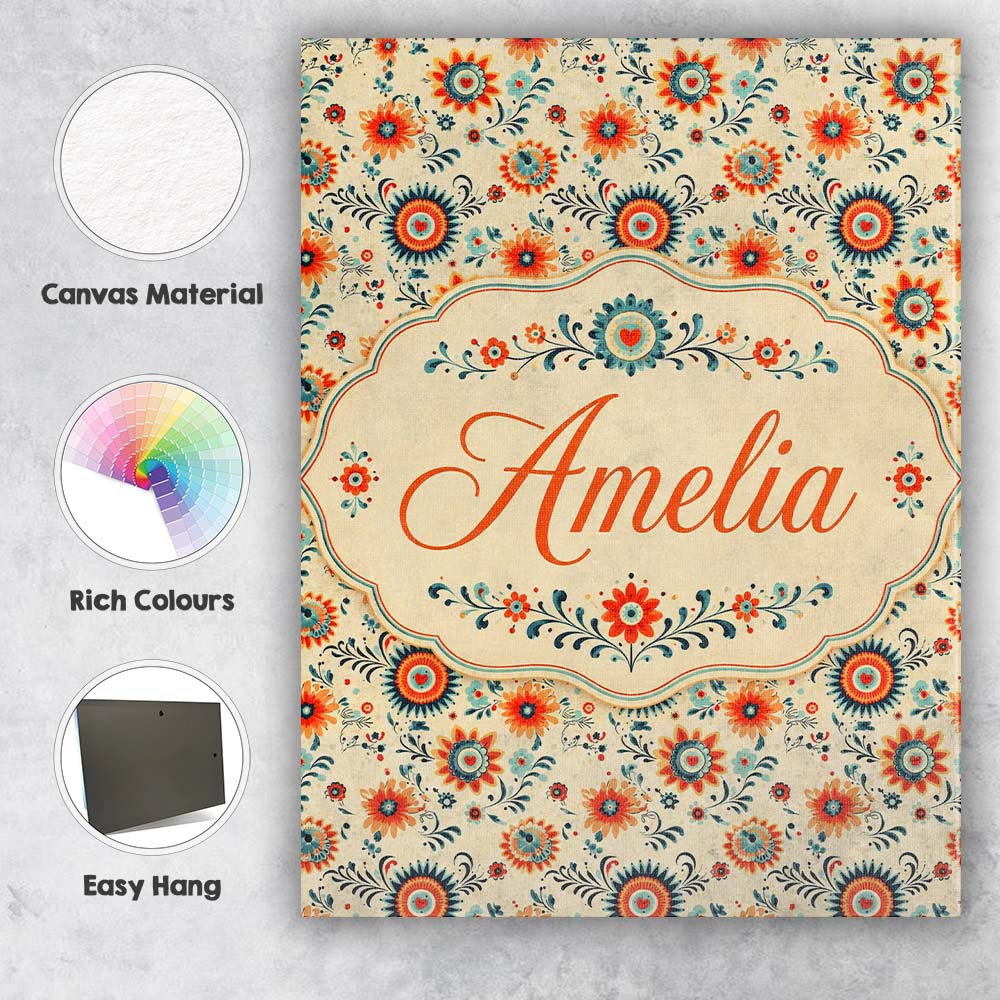 Personalised Name Playful Orange Blue Folk Custom  Unique Gift Idea Elegant Feature Canvas Wall Art Print Decor Picture Ready to Hang