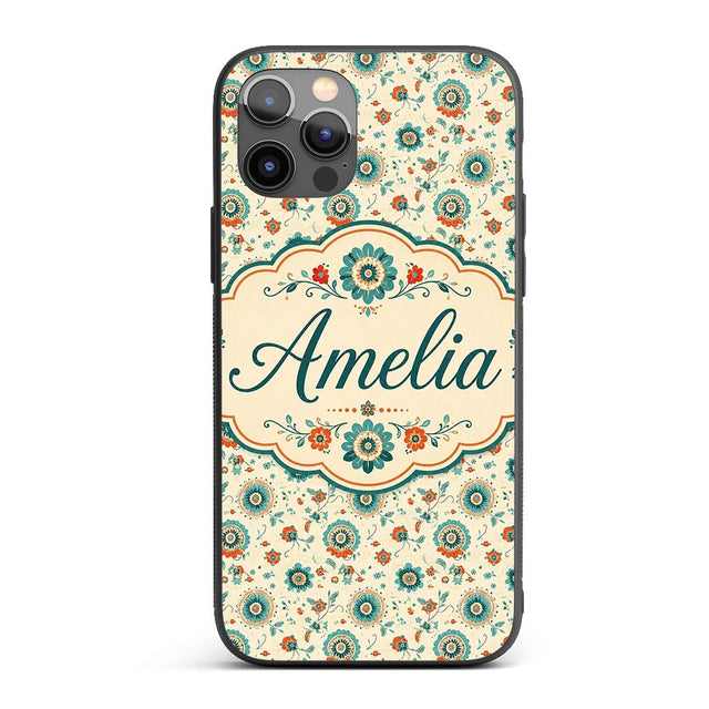 Teal Orange Folk Art Floral Seamless Pattern Custom Name Protective Phone Case Mobile Cover Durable Everyday Smartphone Shock Resistant