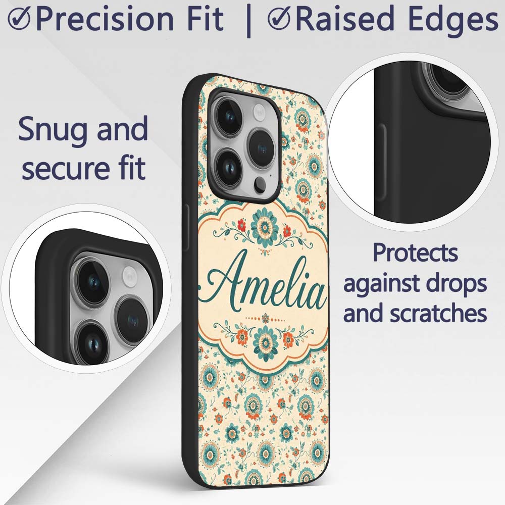 Teal Orange Folk Art Floral Seamless Pattern Custom Name Protective Phone Case Mobile Cover Durable Everyday Smartphone Shock Resistant
