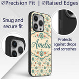 Teal Orange Folk Art Floral Seamless Pattern Custom Name Protective Phone Case Mobile Cover Durable Everyday Smartphone Shock Resistant