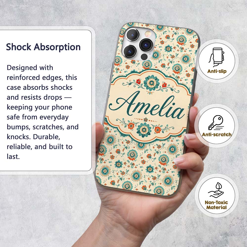 Teal Orange Folk Art Floral Seamless Pattern Custom Name Protective Phone Case Mobile Cover Durable Everyday Smartphone Shock Resistant