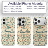 Teal Orange Folk Art Floral Seamless Pattern Custom Name Protective Phone Case Mobile Cover Durable Everyday Smartphone Shock Resistant