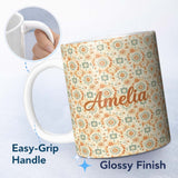Personalized Custom Name Soft Pastel Orange Green Floral Seamless Pattern Garden Style Name 11oz Ceramic Coffee Tea Mug White Large Handle
