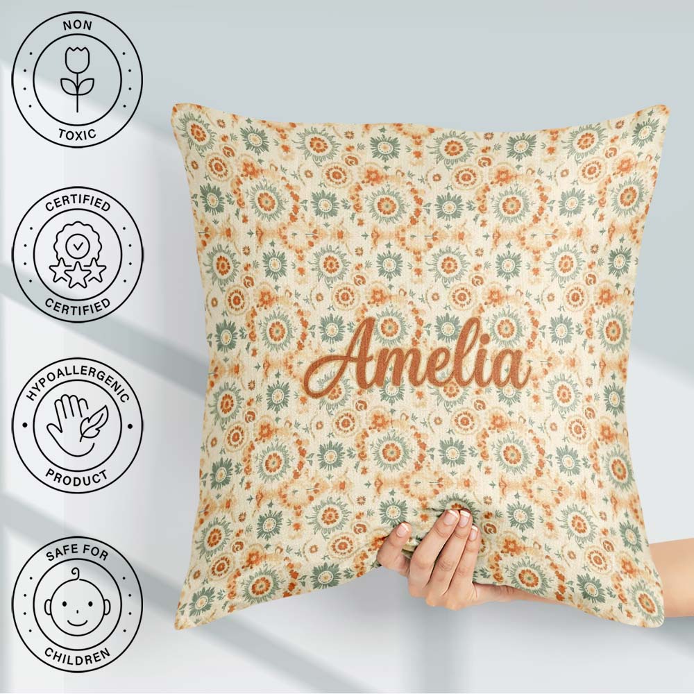 Custom Name Soft Pastel Orange Green Floral Pattern Garden Style Square Filled Cushion Throw Pillow Sofa Bed Home Decor Zip Washable UK Made