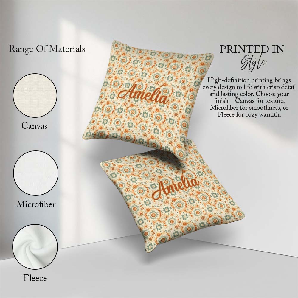 Custom Name Soft Pastel Orange Green Floral Pattern Garden Style Square Filled Cushion Throw Pillow Sofa Bed Home Decor Zip Washable UK Made