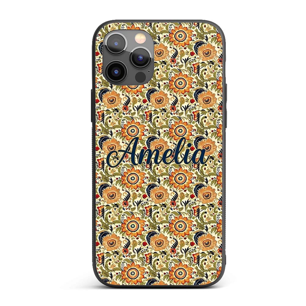 Detailed Vintage Orange Yellow Floral Seamless Custom Name Protective Phone Case Mobile Cover Durable Everyday Smartphone Shock Resistant