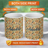 Personalized Custom Name Detailed Vintage Orange Yellow Floral Seamless Pattern Classic 11oz Ceramic Coffee Tea Mug White Large Handle