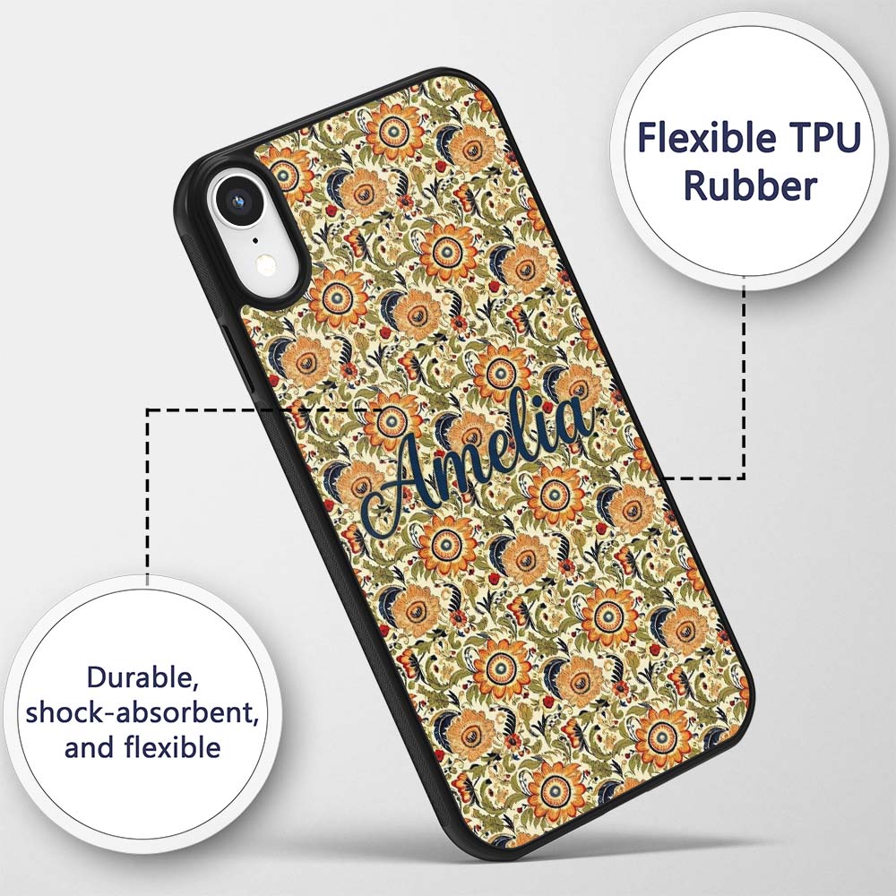 Detailed Vintage Orange Yellow Floral Seamless Custom Name Protective Phone Case Mobile Cover Durable Everyday Smartphone Shock Resistant