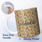 Personalized Custom Name Detailed Vintage Orange Yellow Floral Seamless Pattern Classic 11oz Ceramic Coffee Tea Mug White Large Handle