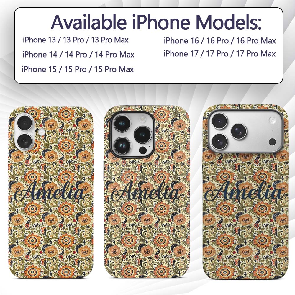 Detailed Vintage Orange Yellow Floral Seamless Custom Name Protective Phone Case Mobile Cover Durable Everyday Smartphone Shock Resistant