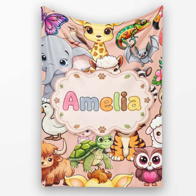 Cute Cartoon Jungle Safari Animals Seamless Pattern on Peach Lovely  Personalised Custom Name Super Soft Fleece Blanket Bed Sofa Throw