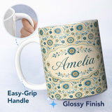 Personalized Custom Name Teal Gold Ornate Floral Medallion Seamless Pattern Elegant Vintage 11oz Ceramic Coffee Tea Mug White Large Handle