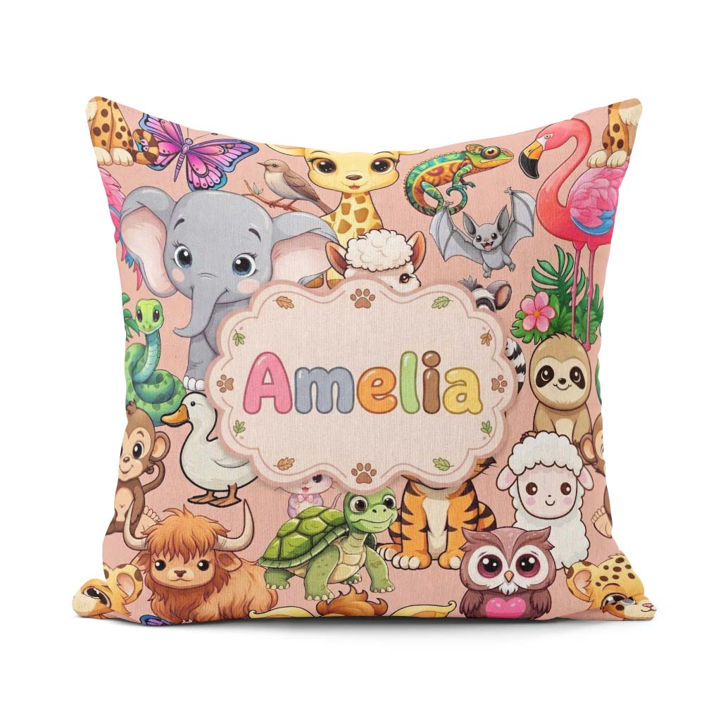 Custom Name Cute Cartoon Jungle Safari Animals Seamless on Peach Square Filled Cushion Throw Pillow Sofa Bed Home Decor Zip Washable UK Made