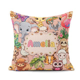 Custom Name Cute Cartoon Jungle Safari Animals Seamless on Peach Square Filled Cushion Throw Pillow Sofa Bed Home Decor Zip Washable UK Made