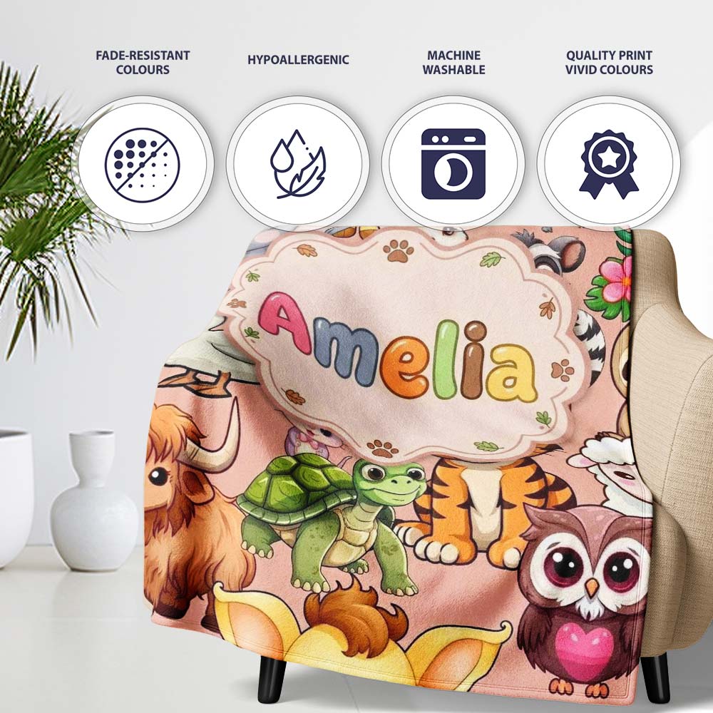Cute Cartoon Jungle Safari Animals Seamless Pattern on Peach Lovely  Personalised Custom Name Super Soft Fleece Blanket Bed Sofa Throw