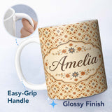 Personalized Custom Name Small Scale Orange Floral Geometric Seamless Pattern Tile Design 11oz Ceramic Coffee Tea Mug White Large Handle