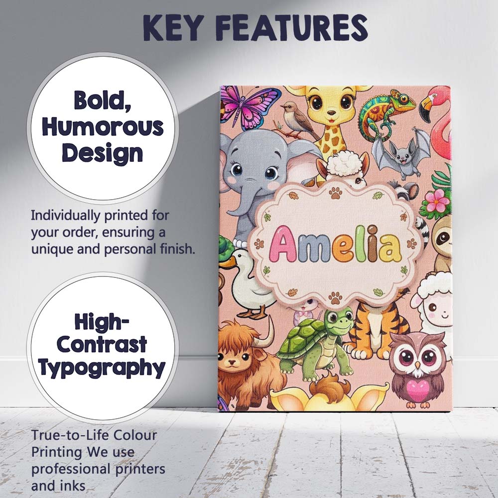 Personalised Name Cute Cartoon Jungle Custom Modern Room Accent Creative Decorator Style Canvas Wall Art Print Decor Picture Ready to Hang