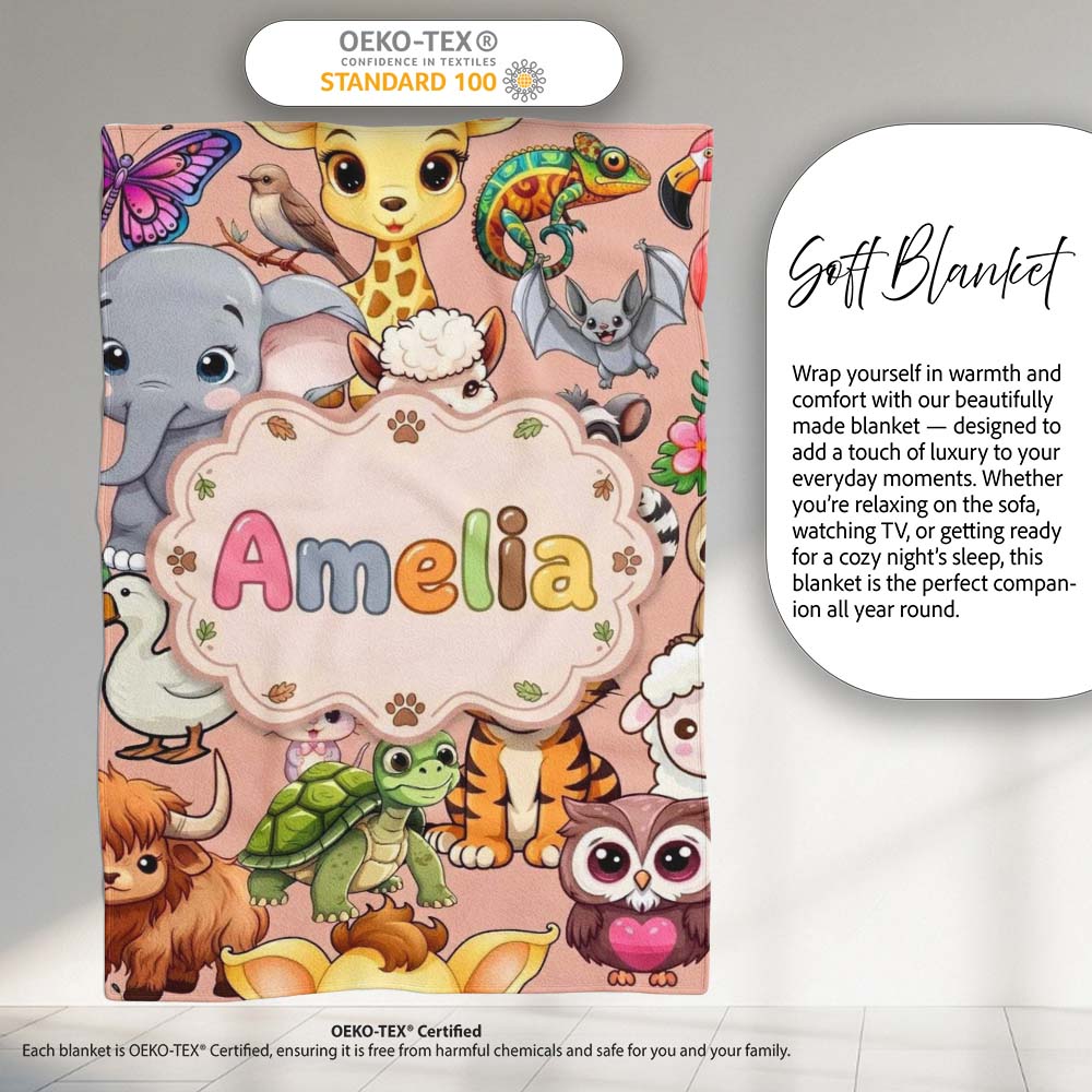 Cute Cartoon Jungle Safari Animals Seamless Pattern on Peach Lovely  Personalised Custom Name Super Soft Fleece Blanket Bed Sofa Throw
