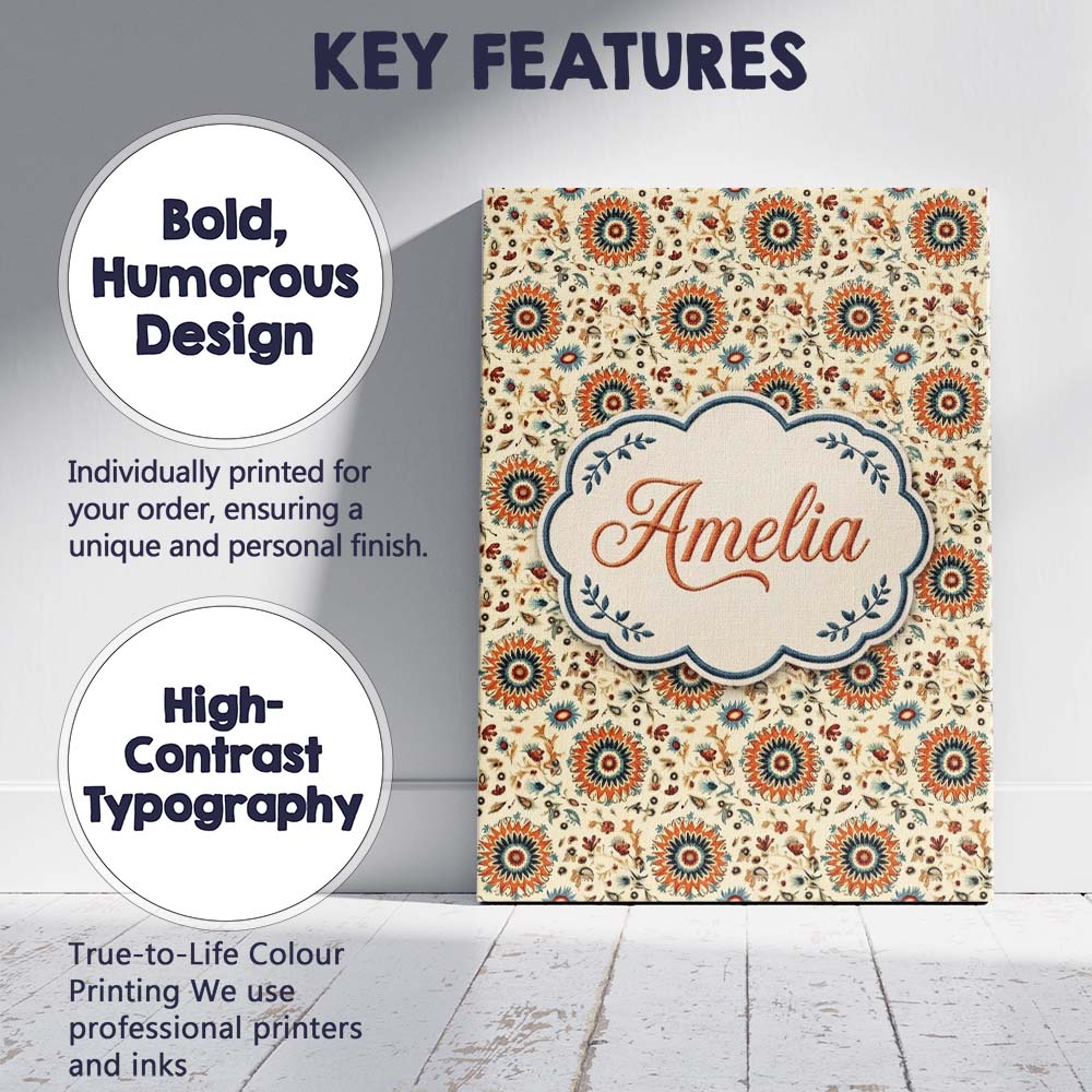 Personalised Name Bold Orange Teal Floral Custom  Unique Gift Idea Elegant Feature Canvas Wall Art Print Decor Picture Ready to Hang