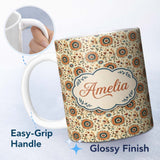 Personalized Custom Name Bold Orange Teal Floral Medallion Seamless Pattern Folk Art Style 11oz Ceramic Coffee Tea Mug White Large Handle