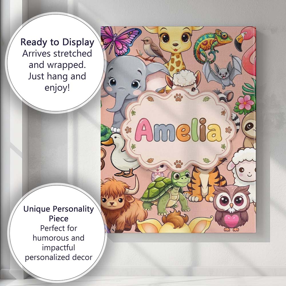 Personalised Name Cute Cartoon Jungle Custom Modern Room Accent Creative Decorator Style Canvas Wall Art Print Decor Picture Ready to Hang