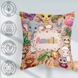 Custom Name Cute Cartoon Jungle Safari Animals Seamless on Peach Square Filled Cushion Throw Pillow Sofa Bed Home Decor Zip Washable UK Made