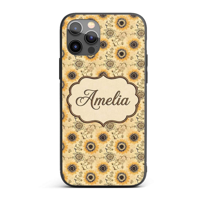 Vintage Mustard Black Floral Sunburst Seamless Custom Name Protective Phone Case Mobile Cover Durable Everyday Smartphone Shock Resistant