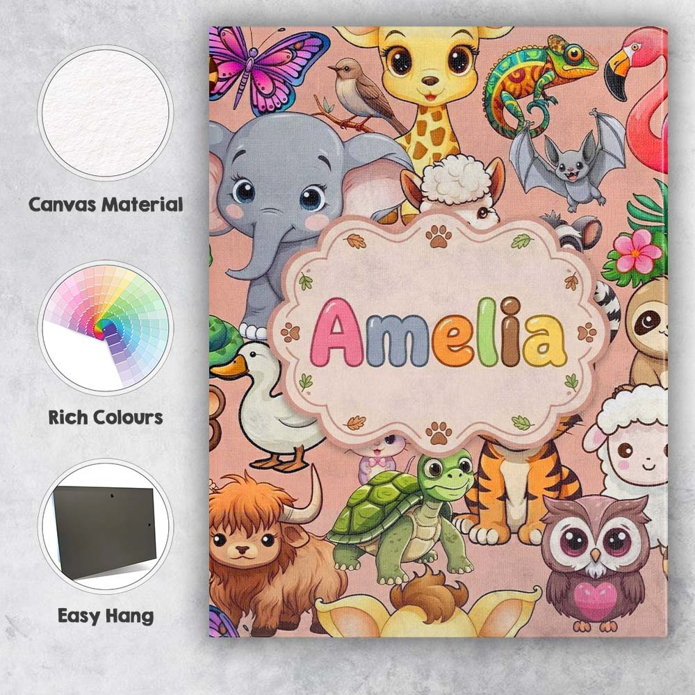 Personalised Name Cute Cartoon Jungle Custom Modern Room Accent Creative Decorator Style Canvas Wall Art Print Decor Picture Ready to Hang
