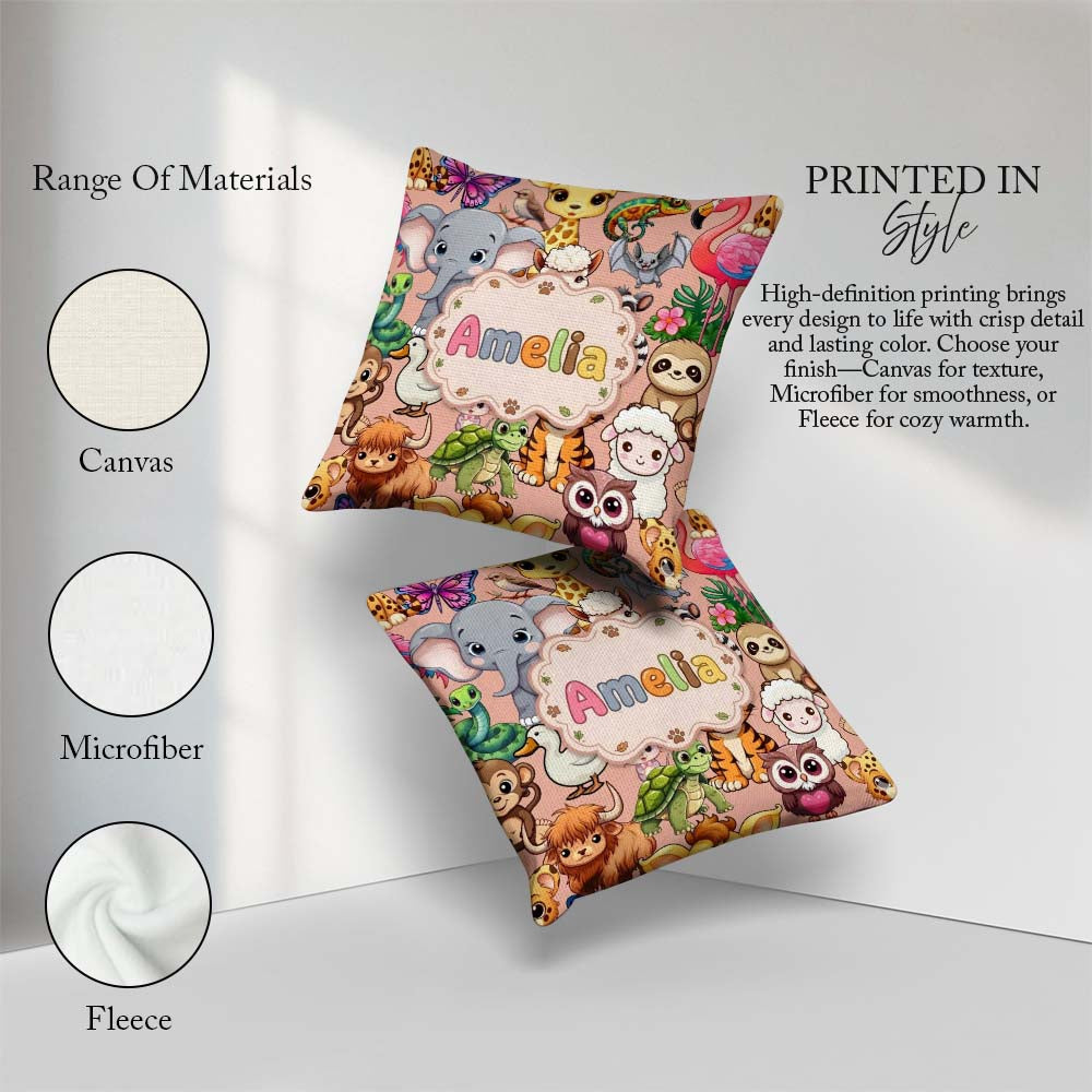 Custom Name Cute Cartoon Jungle Safari Animals Seamless on Peach Square Filled Cushion Throw Pillow Sofa Bed Home Decor Zip Washable UK Made