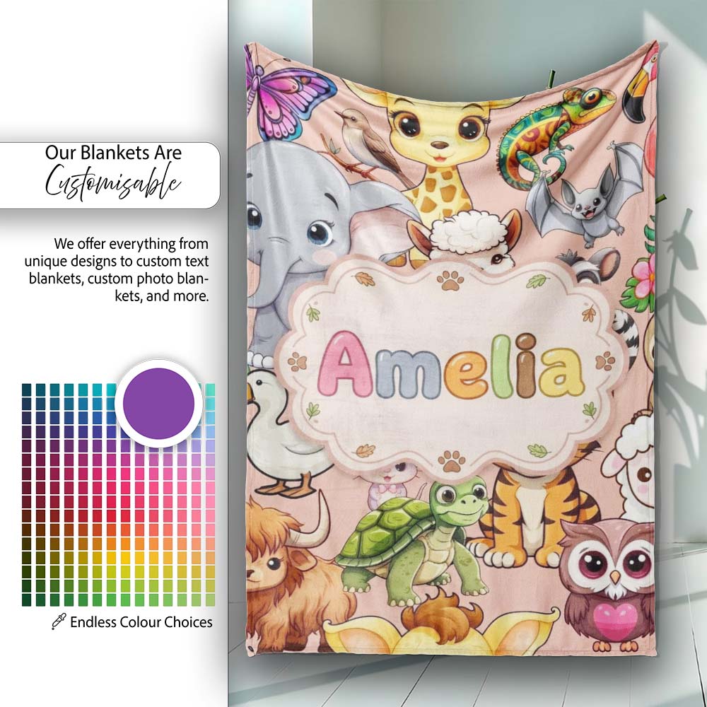 Cute Cartoon Jungle Safari Animals Seamless Pattern on Peach Lovely  Personalised Custom Name Super Soft Fleece Blanket Bed Sofa Throw