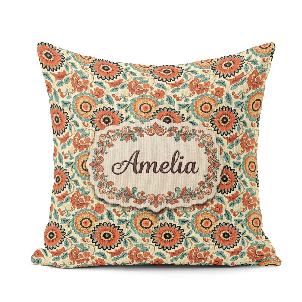 Custom Name Vibrant Orange Teal Bloom Seamless Pattern Botanical Square Filled Cushion Throw Pillow Sofa Bed Home Decor Zip Washable UK Made