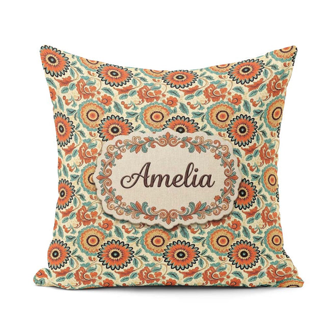 Custom Name Vibrant Orange Teal Bloom Seamless Pattern Botanical Square Filled Cushion Throw Pillow Sofa Bed Home Decor Zip Washable UK Made