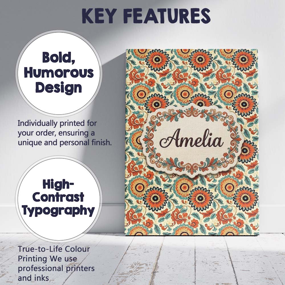 Personalised Name Vibrant Orange Teal Custom Modern Room Accent Creative Decorator Style Canvas Wall Art Print Decor Picture Ready to Hang
