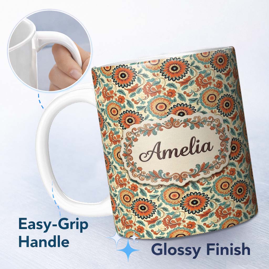 Personalized Custom Name Vibrant Orange Teal Floral Bloom Seamless Pattern Botanical Style 11oz Ceramic Coffee Tea Mug White Large Handle