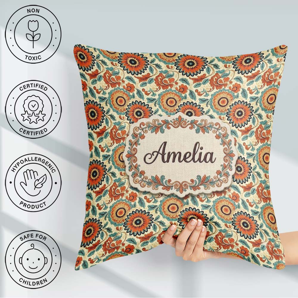 Custom Name Vibrant Orange Teal Bloom Seamless Pattern Botanical Square Filled Cushion Throw Pillow Sofa Bed Home Decor Zip Washable UK Made