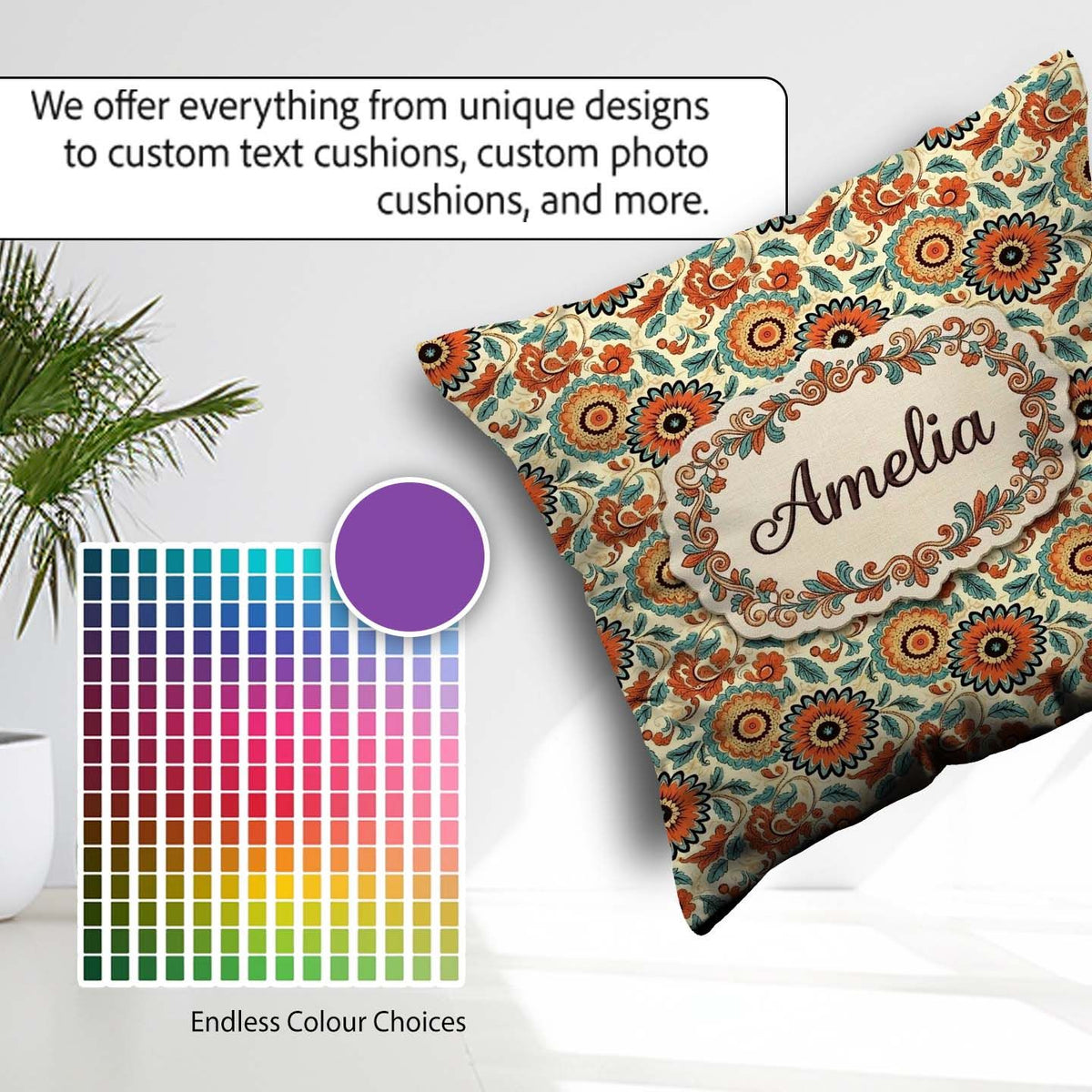 Custom Name Vibrant Orange Teal Bloom Seamless Pattern Botanical Square Filled Cushion Throw Pillow Sofa Bed Home Decor Zip Washable UK Made