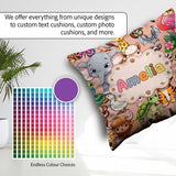 Custom Name Cute Cartoon Jungle Safari Animals Seamless on Peach Square Filled Cushion Throw Pillow Sofa Bed Home Decor Zip Washable UK Made