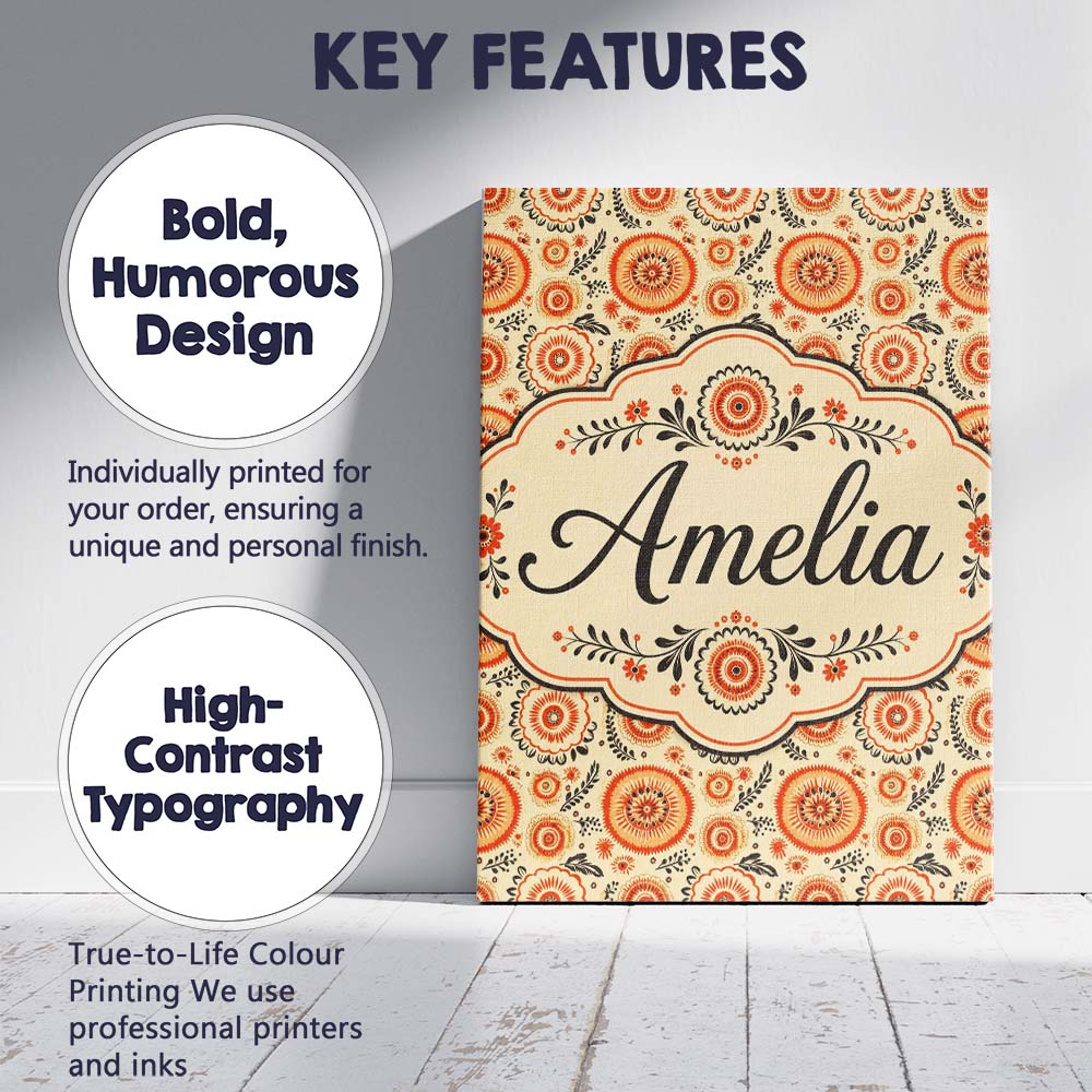 Personalised Name Bright Orange Floral Custom  Modern Room Accent Elegant Feature Canvas Wall Art Print Decor Picture Ready to Hang